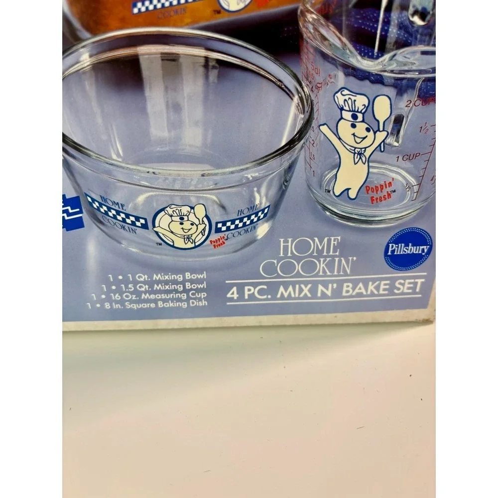 Anchor Hocking Pillsbury Doughboy Mix N Bake Set 4pc Glass Vintage In Box